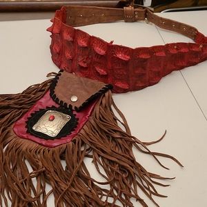 Tribal indian belt red crocodile /leather & suede